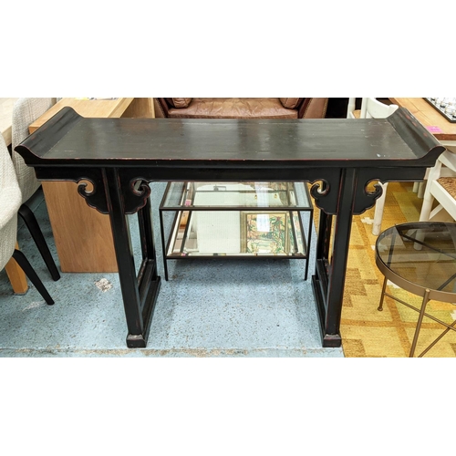 355 - SCRIBES CONSOLE TABLE, 138cm x 42cm x 89cm, ebonised finish.