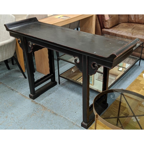 355 - SCRIBES CONSOLE TABLE, 138cm x 42cm x 89cm, ebonised finish.