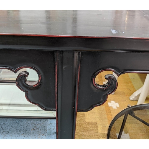 355 - SCRIBES CONSOLE TABLE, 138cm x 42cm x 89cm, ebonised finish.