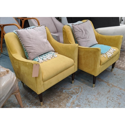 356 - ARMCHAIRS, a pair, 82cm H, mustard fabric upholstered each with a throw and a scatter cushion. (2)