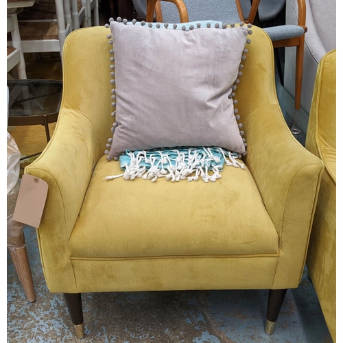 356 - ARMCHAIRS, a pair, 82cm H, mustard fabric upholstered each with a throw and a scatter cushion. (2)