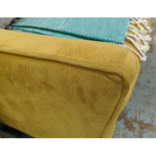 356 - ARMCHAIRS, a pair, 82cm H, mustard fabric upholstered each with a throw and a scatter cushion. (2)