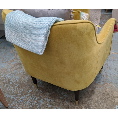 356 - ARMCHAIRS, a pair, 82cm H, mustard fabric upholstered each with a throw and a scatter cushion. (2)