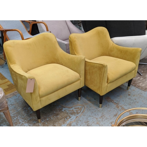 356 - ARMCHAIRS, a pair, 82cm H, mustard fabric upholstered each with a throw and a scatter cushion. (2)