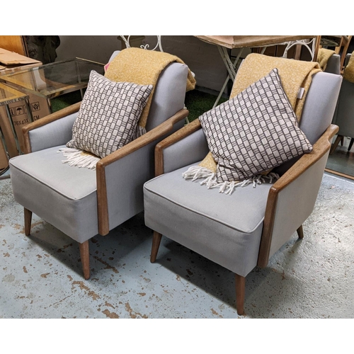 357 - ARMCHAIRS, a pair, 82cm H, grey herringbone fabric upholstered, each with a throw and scatter cushio... 