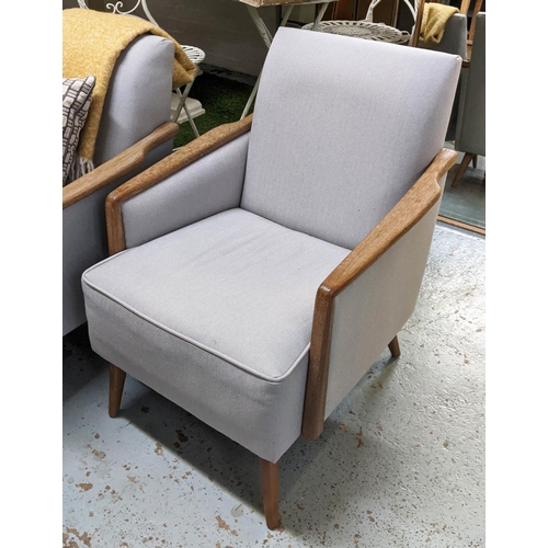 357 - ARMCHAIRS, a pair, 82cm H, grey herringbone fabric upholstered, each with a throw and scatter cushio... 