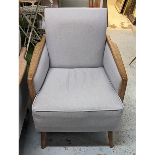 357 - ARMCHAIRS, a pair, 82cm H, grey herringbone fabric upholstered, each with a throw and scatter cushio... 