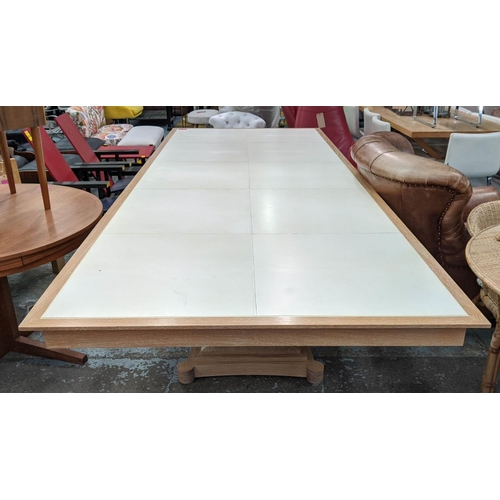 359 - DINING TABLE, 340cm x 130cm x 73cm, double pedestal with vellum detail to top.