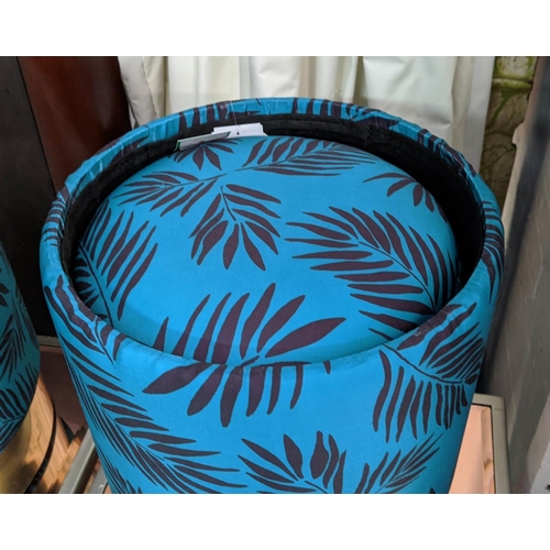 361 - NESTING BARREL STOOLS, two graduated pairs, 45cm x 35cm diam at largest, in tropical print upholster... 