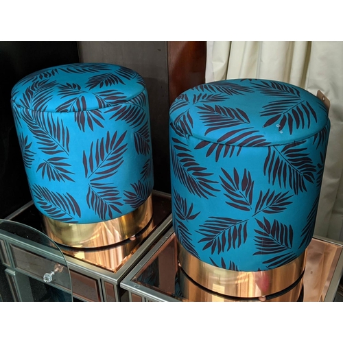 361 - NESTING BARREL STOOLS, two graduated pairs, 45cm x 35cm diam at largest, in tropical print upholster... 