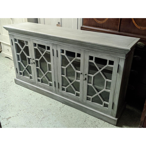 366 - SIDEBOARD, 180cm x 42cm x 96cm, French Provincial style, grey painted with two glazed cabinet compar... 