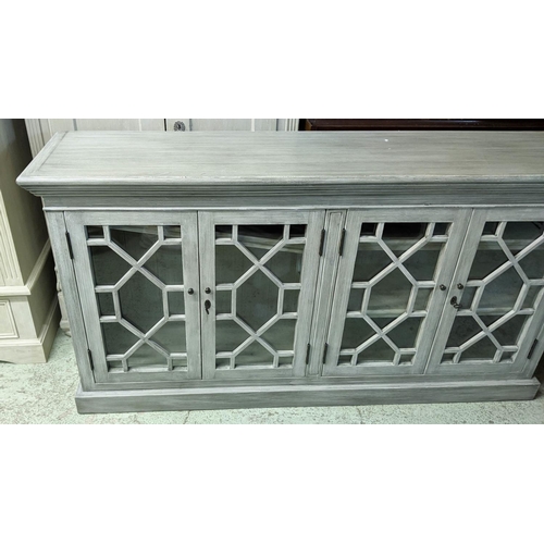 366 - SIDEBOARD, 180cm x 42cm x 96cm, French Provincial style, grey painted with two glazed cabinet compar... 