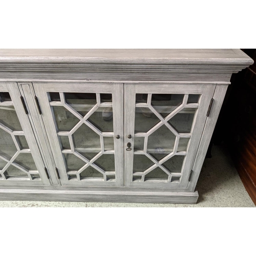 366 - SIDEBOARD, 180cm x 42cm x 96cm, French Provincial style, grey painted with two glazed cabinet compar... 