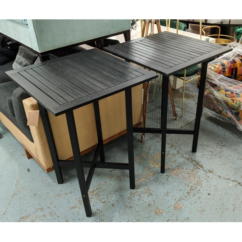 479 - BAR TABLES, a pair, 70cm x 70cm x 100cm, ebonised, with slatted wood tops. (2)