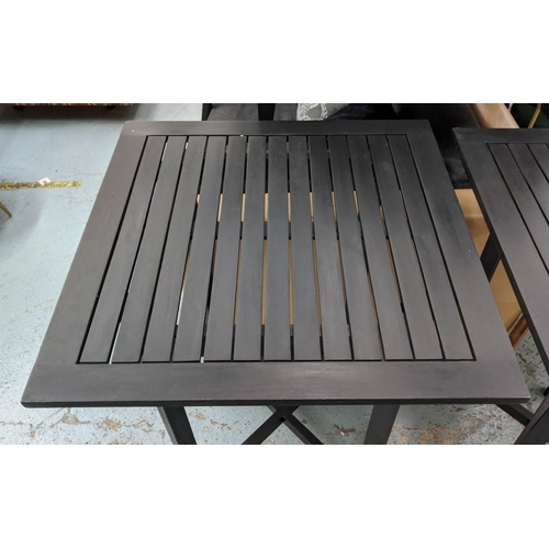 479 - BAR TABLES, a pair, 70cm x 70cm x 100cm, ebonised, with slatted wood tops. (2)