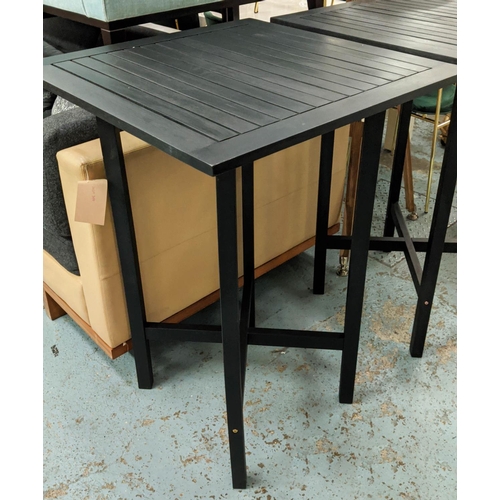 479 - BAR TABLES, a pair, 70cm x 70cm x 100cm, ebonised, with slatted wood tops. (2)