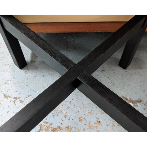 479 - BAR TABLES, a pair, 70cm x 70cm x 100cm, ebonised, with slatted wood tops. (2)