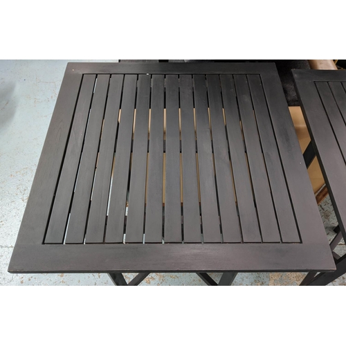 479 - BAR TABLES, a pair, 70cm x 70cm x 100cm, ebonised, with slatted wood tops. (2)