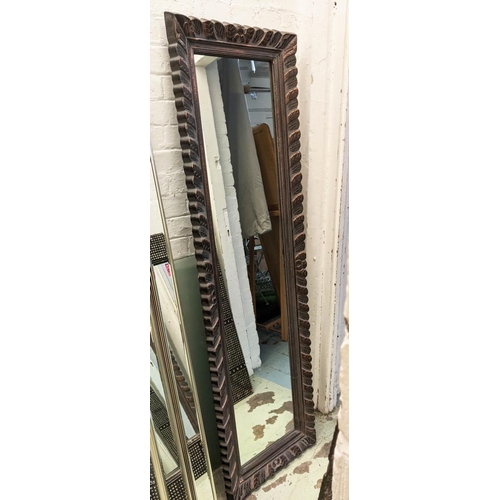 480 - WALL MIRROR, 178cm x 52cm, carved foliate frame with bronzed painted detail.