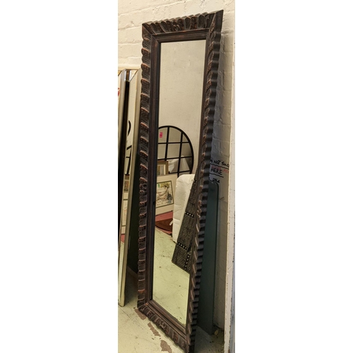 480 - WALL MIRROR, 178cm x 52cm, carved foliate frame with bronzed painted detail.