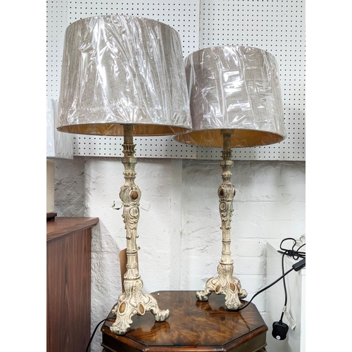 483 - TABLE LAMPS, a pair, French Provincial style shaped design, with shades, 78cm H. (2)