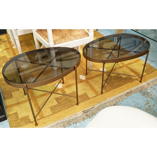 488 - SIDE TABLES, a graduated pair, 1950's Italian style, 64cm x 46cm x 45cm, smoked glass tops. (2)