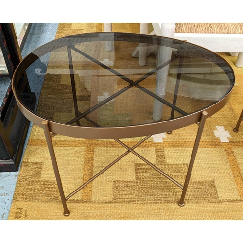 488 - SIDE TABLES, a graduated pair, 1950's Italian style, 64cm x 46cm x 45cm, smoked glass tops. (2)