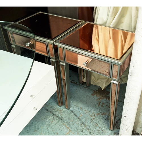 489 - SIDE TABLES, a pair, peach tinted mirrored finish, 48cm x 42cm x 66cm, each with one drawer. (2)