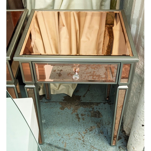 489 - SIDE TABLES, a pair, peach tinted mirrored finish, 48cm x 42cm x 66cm, each with one drawer. (2)