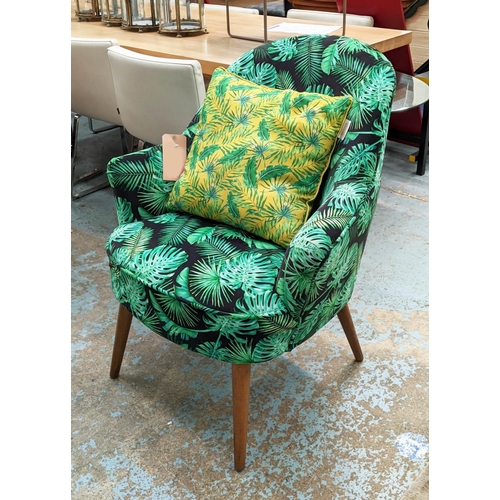 490 - ARMCHAIR, 90cm H, tropical print fabric upholstered with cushion.