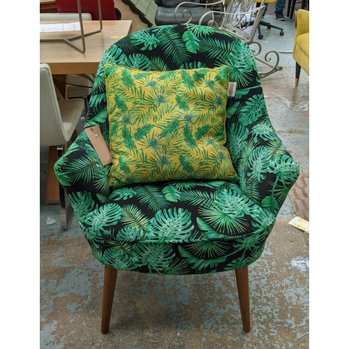 490 - ARMCHAIR, 90cm H, tropical print fabric upholstered with cushion.