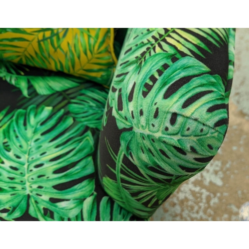 490 - ARMCHAIR, 90cm H, tropical print fabric upholstered with cushion.