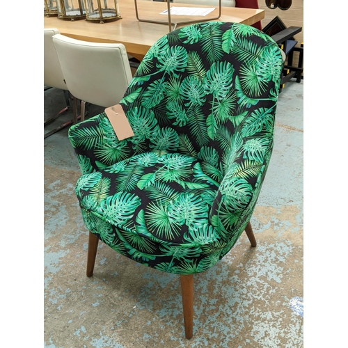 490 - ARMCHAIR, 90cm H, tropical print fabric upholstered with cushion.