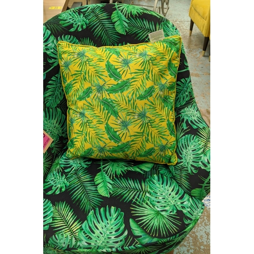 490 - ARMCHAIR, 90cm H, tropical print fabric upholstered with cushion.