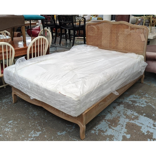 498 - LOAF MARGOT BED FRAME, 133cm W, weathered oak, caned headboard.