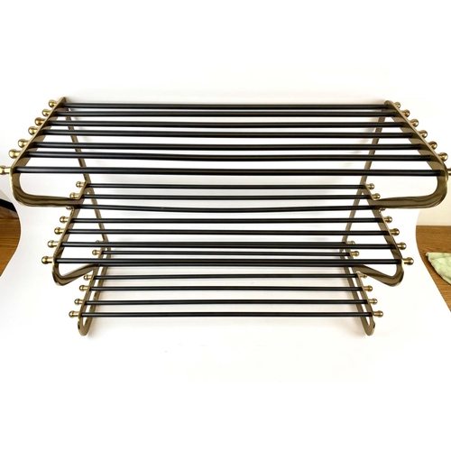 431 - SHOE RACK, 83cm W x 53.5cm H x 34cm D, 1950s Italian style, gilt metal with black painted rods.