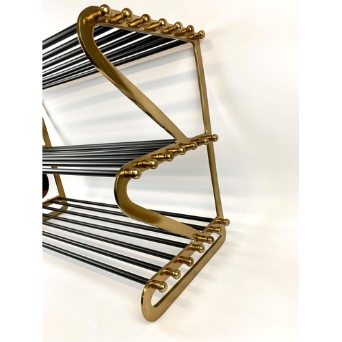 431 - SHOE RACK, 83cm W x 53.5cm H x 34cm D, 1950s Italian style, gilt metal with black painted rods.