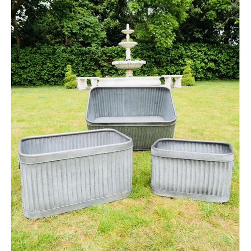 436 - PLANTERS, a graduated set of three, galvanised zinc 33cm x 60cm x 38cm at largest.