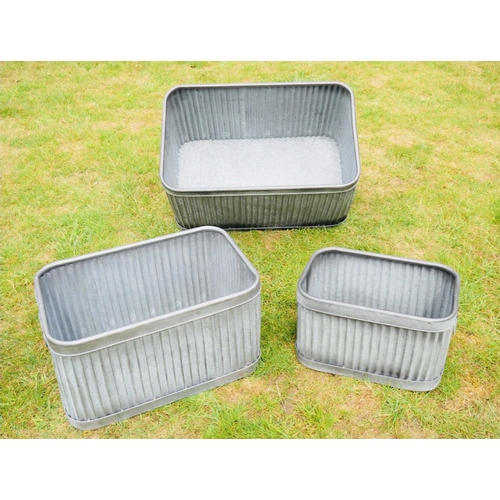 436 - PLANTERS, a graduated set of three, galvanised zinc 33cm x 60cm x 38cm at largest.