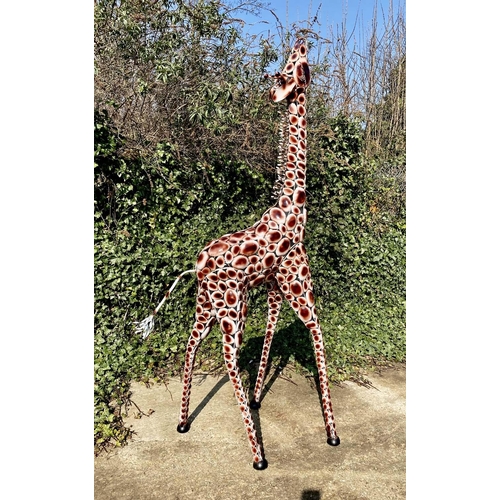 445 - CONTEMPORARY SCHOOL SCULPTURAL GIRAFFE, stylised painted metal 230cm x 75cm.