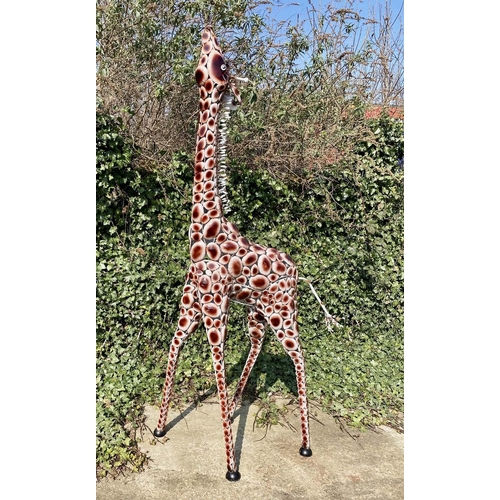 445 - CONTEMPORARY SCHOOL SCULPTURAL GIRAFFE, stylised painted metal 230cm x 75cm.