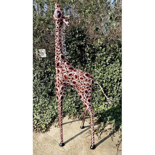 445 - CONTEMPORARY SCHOOL SCULPTURAL GIRAFFE, stylised painted metal 230cm x 75cm.