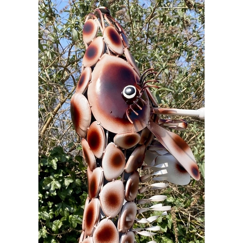 445 - CONTEMPORARY SCHOOL SCULPTURAL GIRAFFE, stylised painted metal 230cm x 75cm.