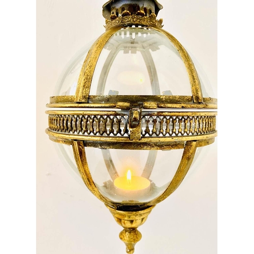 448 - GLOBULAR WALL HANGING CANDLE LANTERNS, a pair, regency style, gilt metal, 80cm drop, 25cm x 25cm.