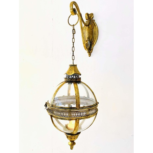 448 - GLOBULAR WALL HANGING CANDLE LANTERNS, a pair, regency style, gilt metal, 80cm drop, 25cm x 25cm.