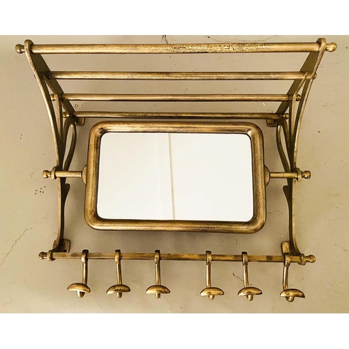 451 - WALL MOUNTING LUGGAGE RACK, 54cm x 67cm x 36, gilt metal frame with articulating mirror , six coat h... 