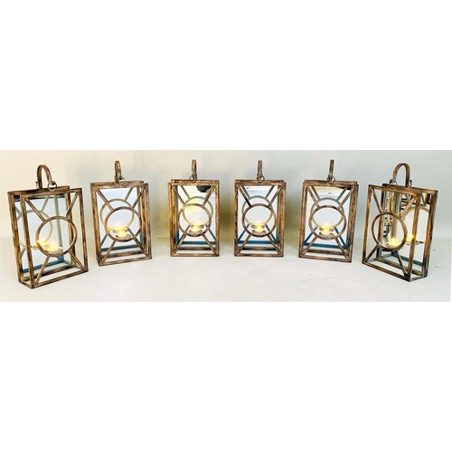 453 - WALL HANGING CANDLE LANTERNS, a set of six, Art deco style, mirrored back plate detail 43cm x 22cm x... 