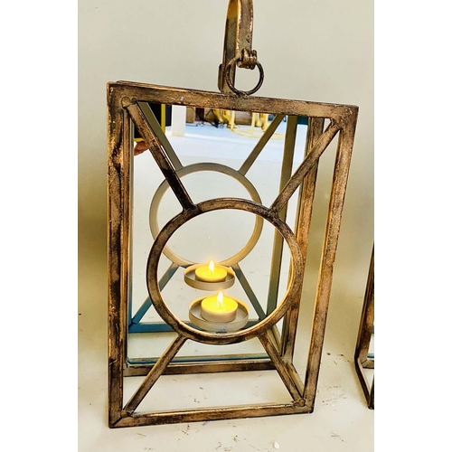 453 - WALL HANGING CANDLE LANTERNS, a set of six, Art deco style, mirrored back plate detail 43cm x 22cm x... 