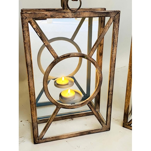 453 - WALL HANGING CANDLE LANTERNS, a set of six, Art deco style, mirrored back plate detail 43cm x 22cm x... 