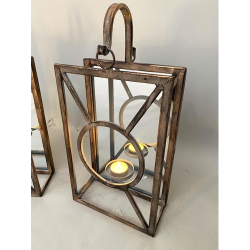 453 - WALL HANGING CANDLE LANTERNS, a set of six, Art deco style, mirrored back plate detail 43cm x 22cm x... 